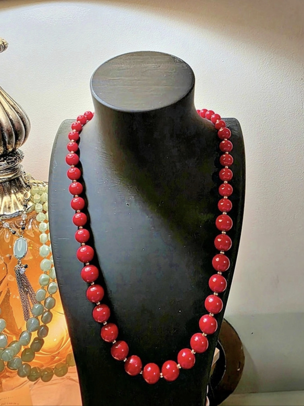 Vintage Monet Red Lucite Graduated Bead Necklace 30” Patented Clasp